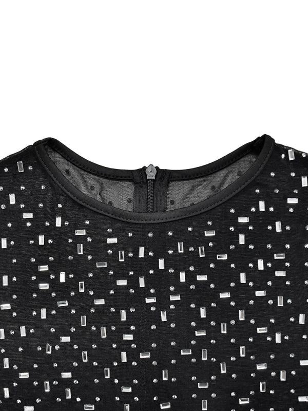 Vestido de falda larga de manga larga de malla de color sólido para mujer a la moda