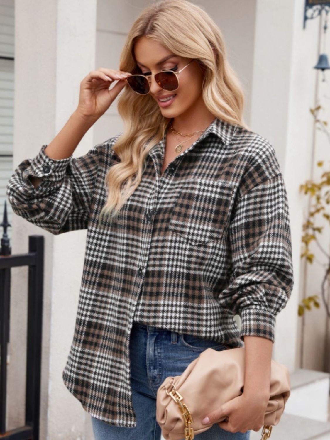 Pocketed Plaid Collared Neck Long Sleeve Shirt