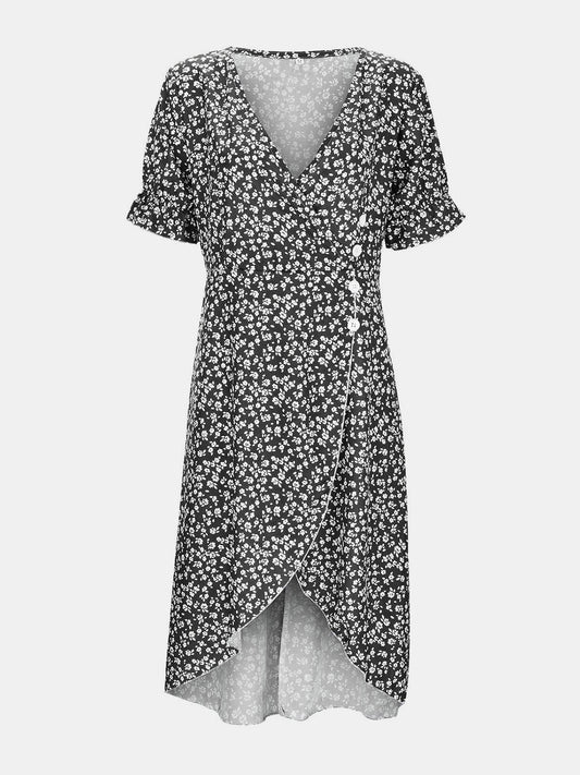 Full Size Printed Surplice Flounce Sleeve Midi Dress