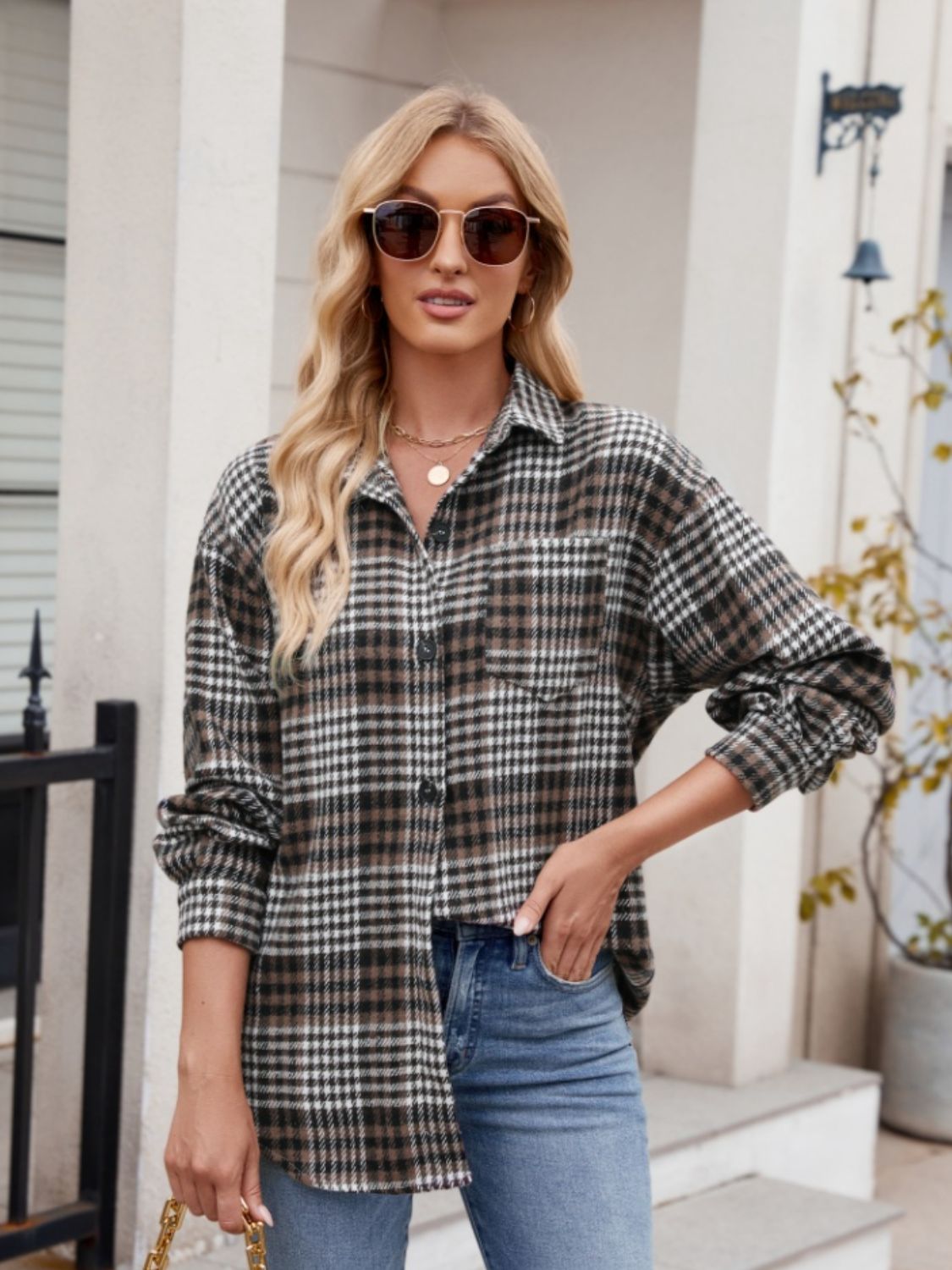 Pocketed Plaid Collared Neck Long Sleeve Shirt