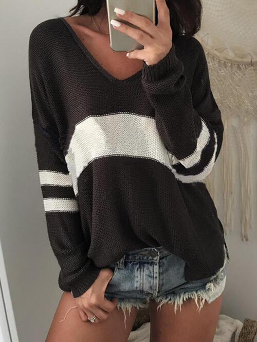 Striped V-Neck Long Sleeve Sweater