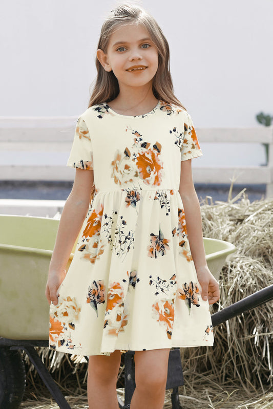 Vestido de niñas con cuello redondo y manga corta floral