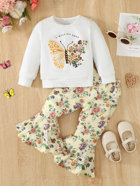 Conjunto de pantalones acampanados con estampado floral y camiseta con estampado de mariposas I Will FLY AWAY