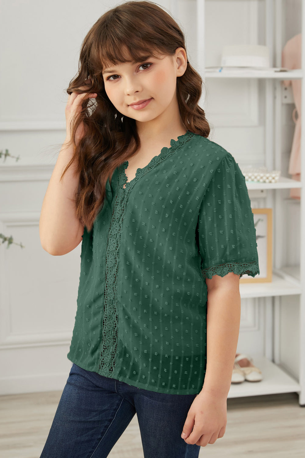 Blusa Niñas Con Encaje Empalmado Puntos Suizos