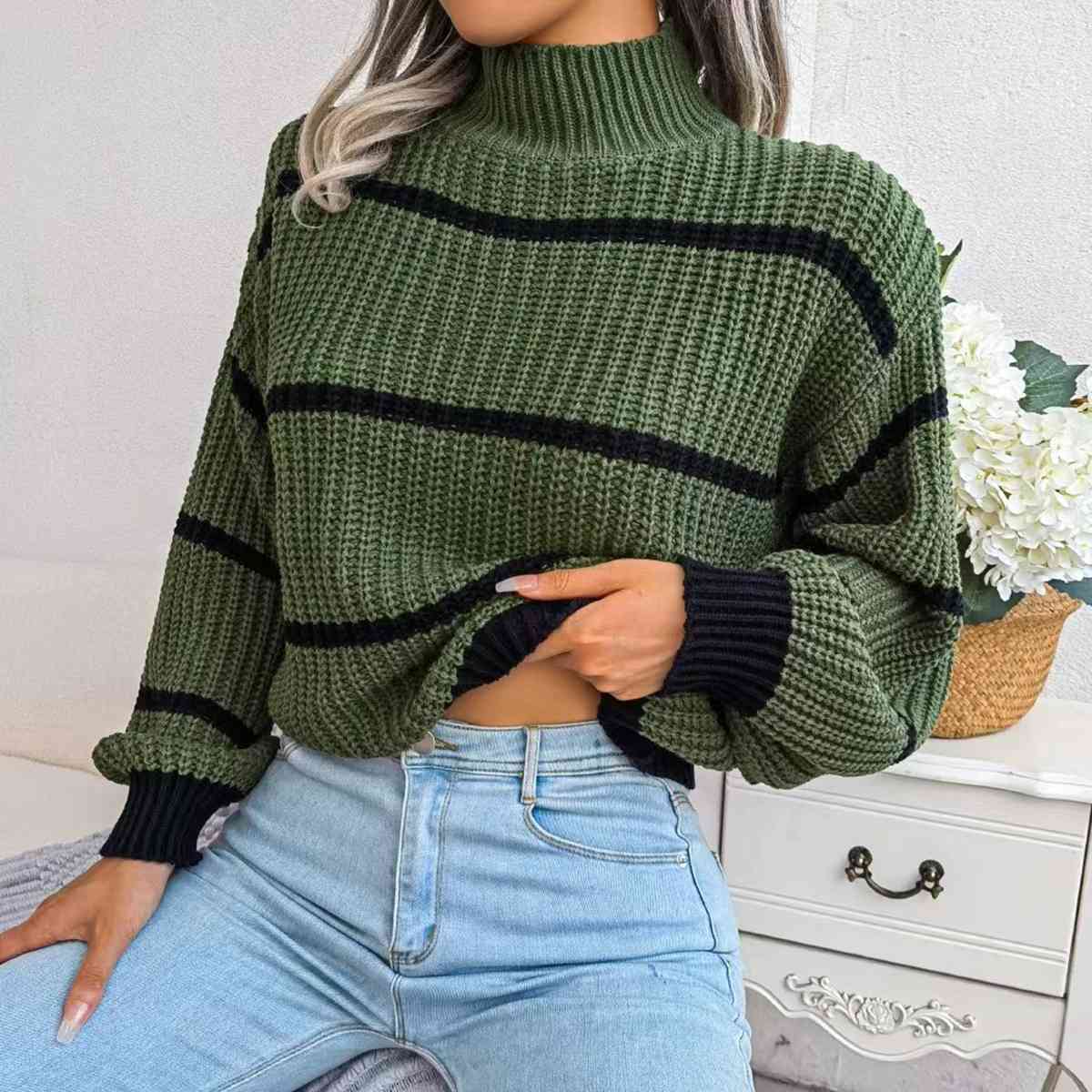 Striped Mock Neck Dropped Shoulder Sweater