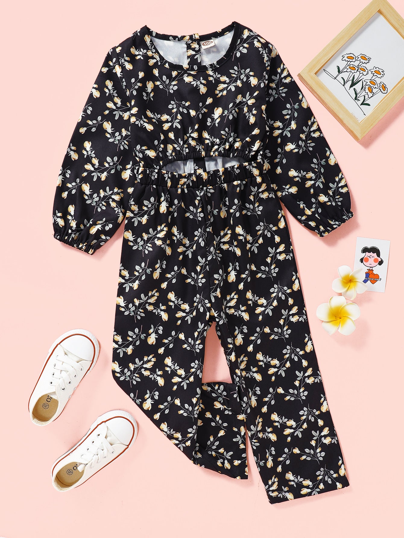 Girls Floral Cutout Jumpsuit