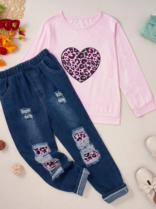 Conjunto de pantalón y top con estampado de corazón de leopardo