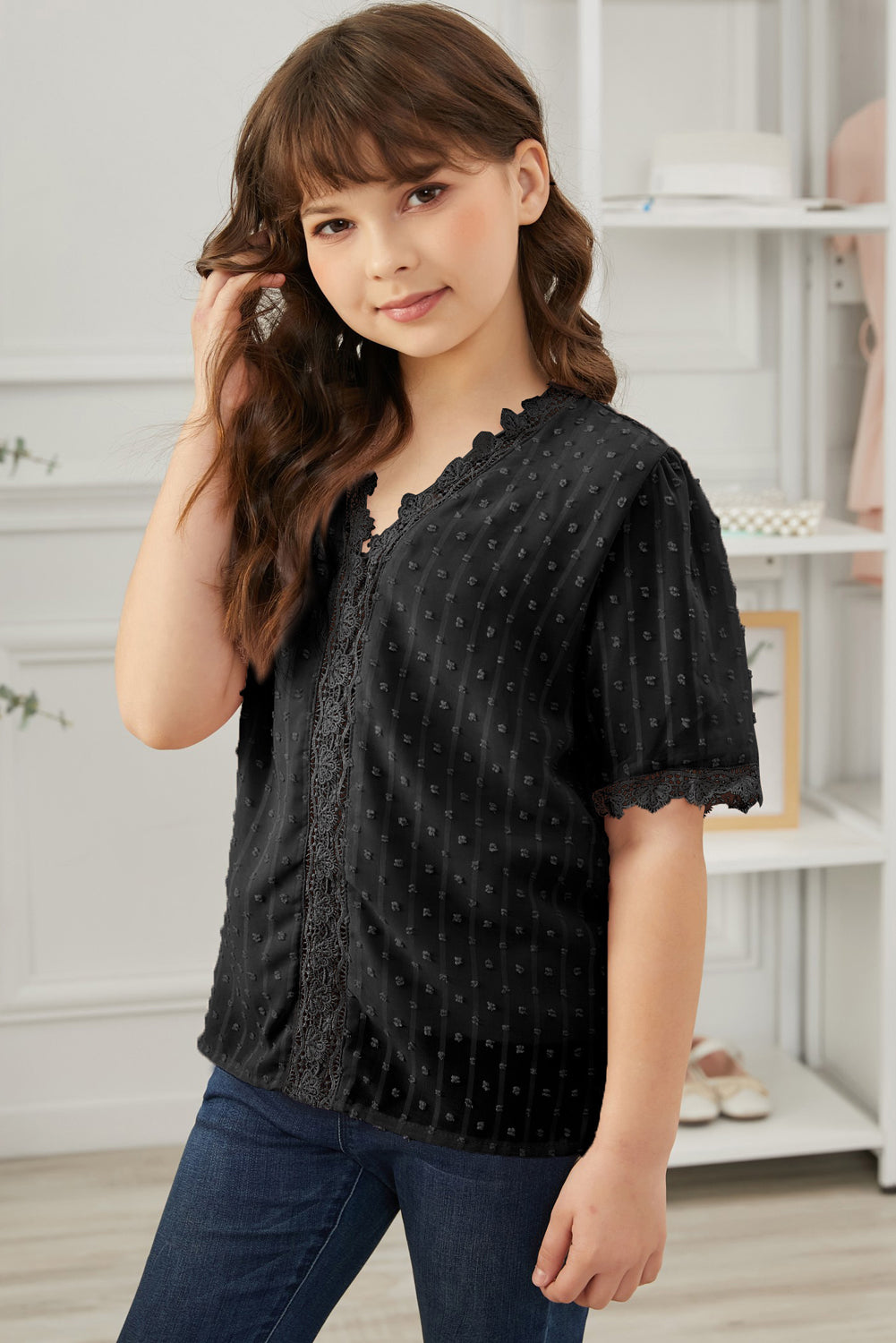 Blusa Niñas Con Encaje Empalmado Puntos Suizos