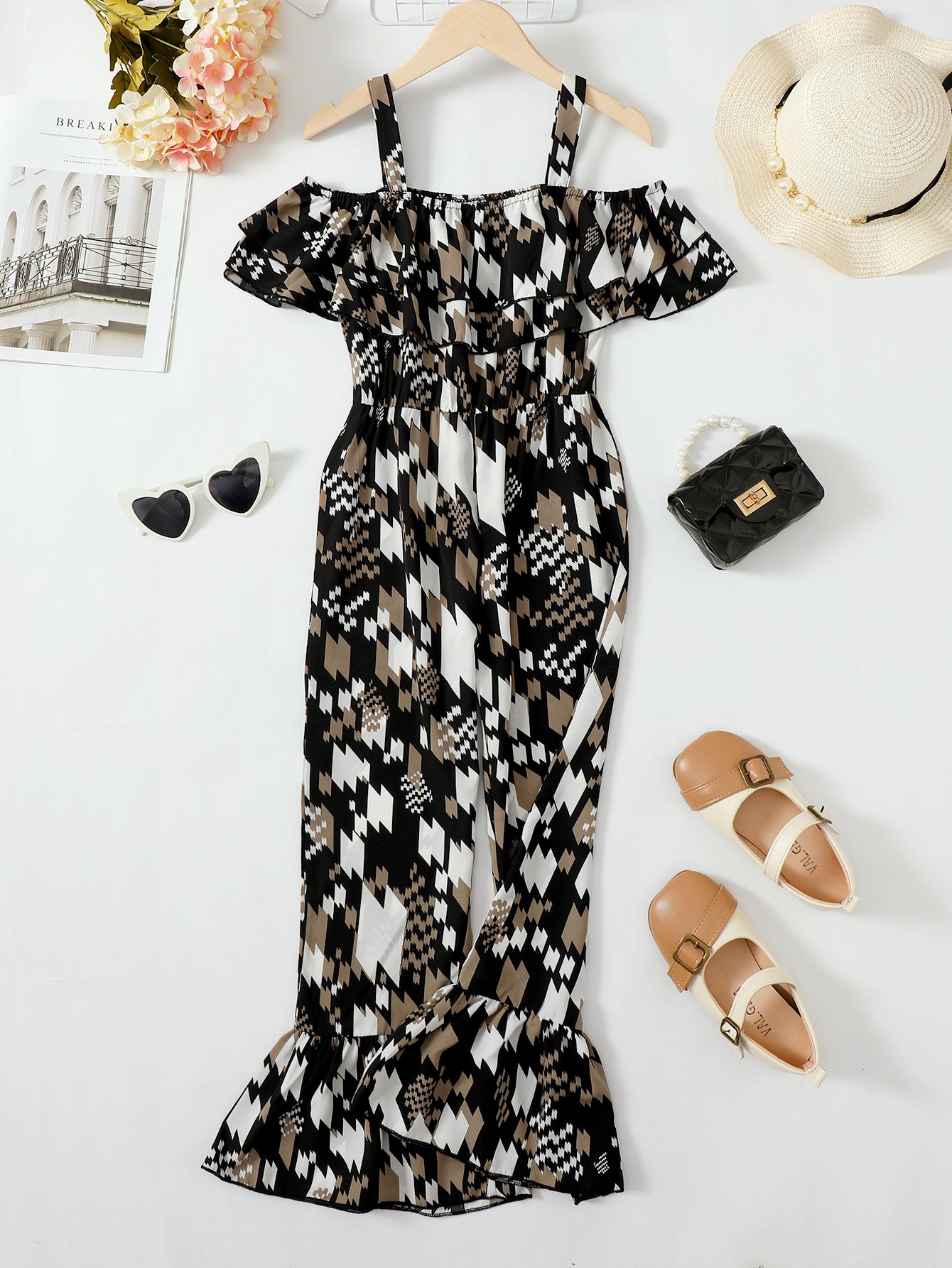 Printed Cold-Shoulder Flare Leg Jumpsuit