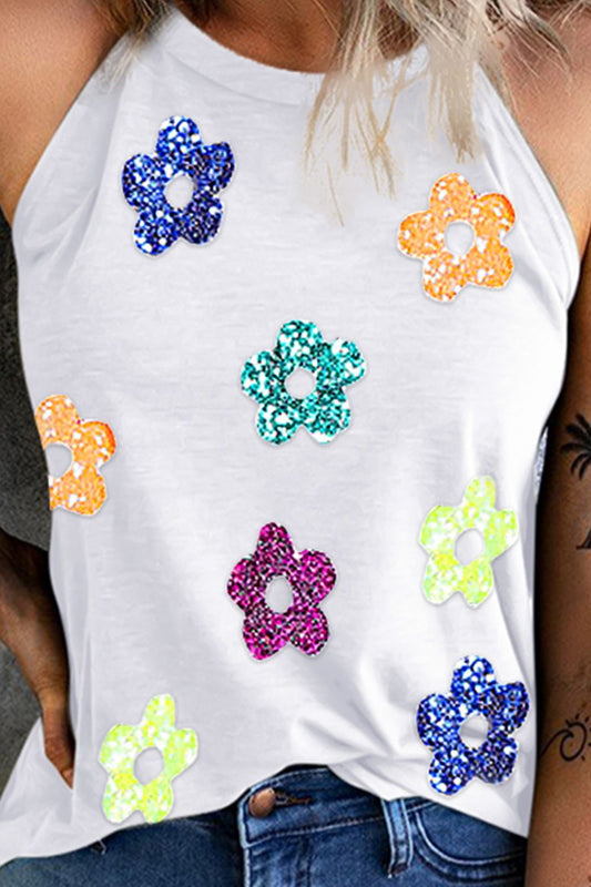 Camiseta sin mangas con cuello griego y flores de lentejuelas