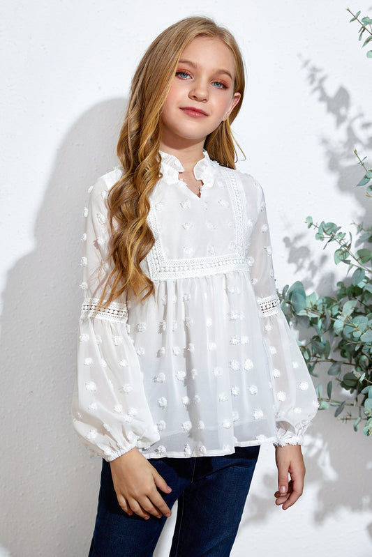 Blusa con muescas y encaje empalmado con lunares suizos para niñas