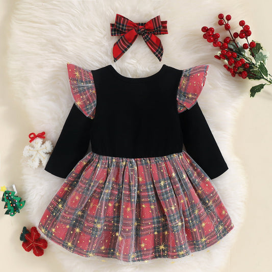 Vestido con estampado de reno de FELIZ NAVIDAD y manga larga con cuello redondo