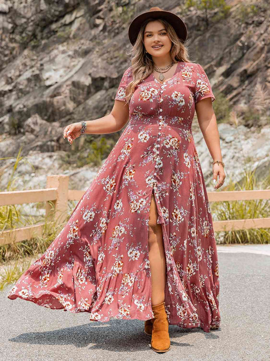 Vestido con dobladillo con volantes y abertura floral de talla grande