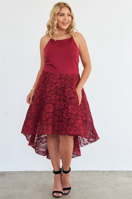 Vestido largo de encaje floral alto y bajo con escote cuadrado Cabernet de talla grande