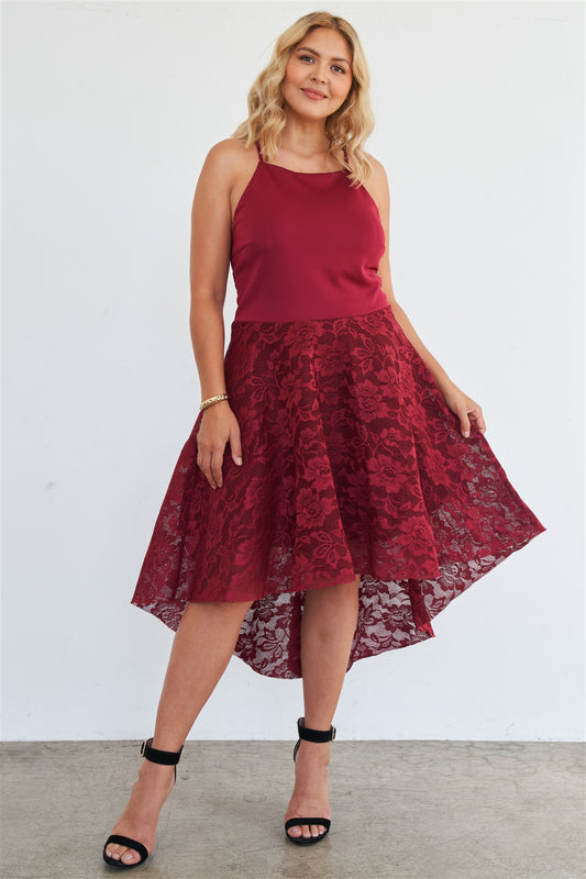 Vestido largo de encaje floral alto y bajo con escote cuadrado Cabernet de talla grande