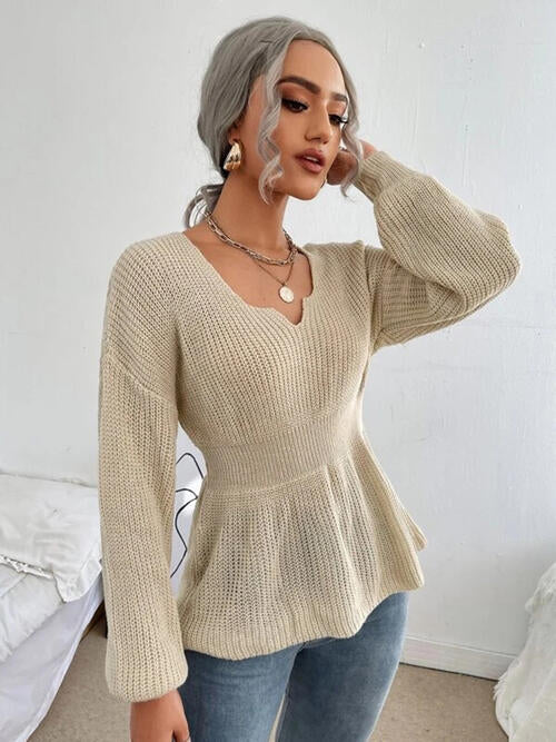 Notched Dropped Shoulder Knit Top