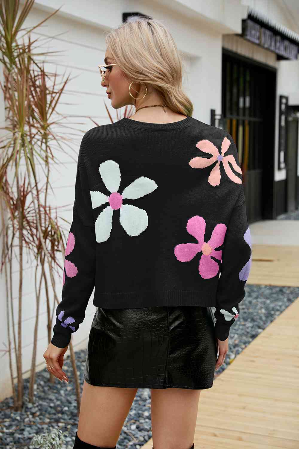 Flower Round Neck Drop Shoulder Sweater