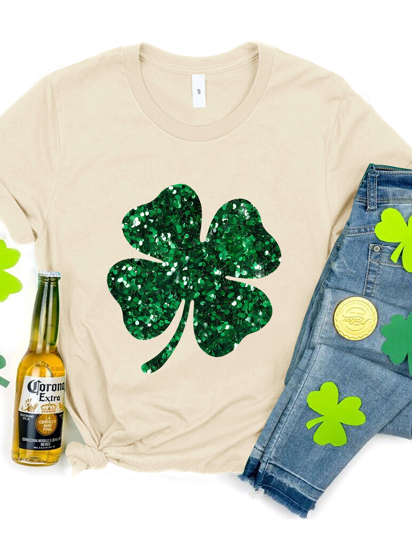 Sequin Lucky Clover Round Neck T-Shirt