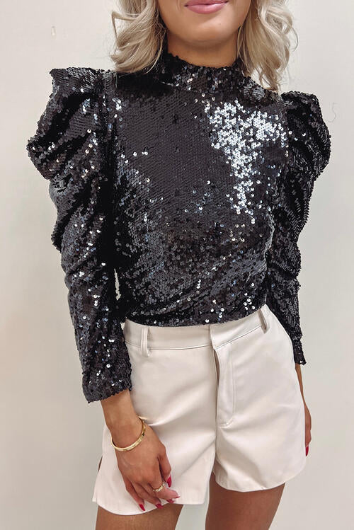 Sequin Mock Neck Leg-Of-Mutton Sleeve Top