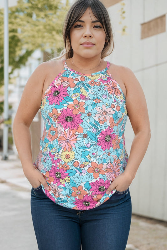 Camiseta sin mangas con cuello redondo y estampado floral de talla grande