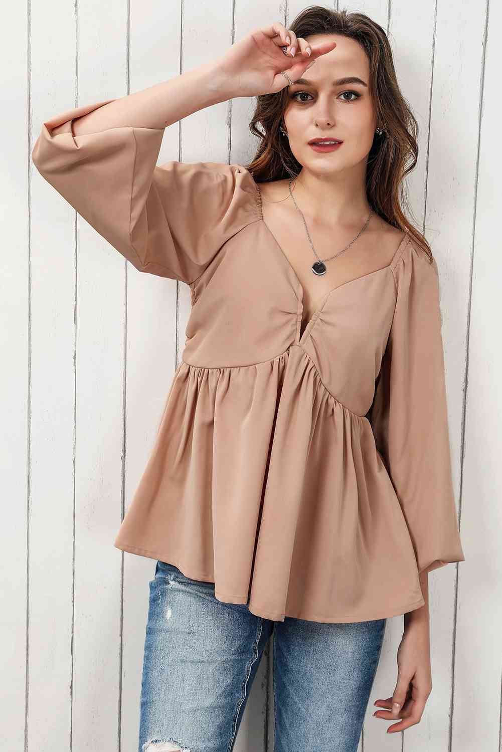 Blusa babydoll de manga larga fruncida con lazo en la espalda de doble toma