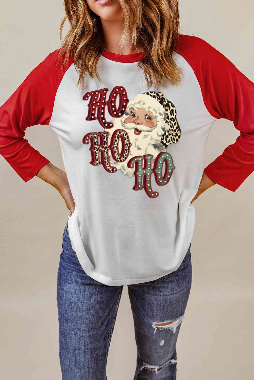 Camiseta de manga raglán con gráfico de Papá Noel