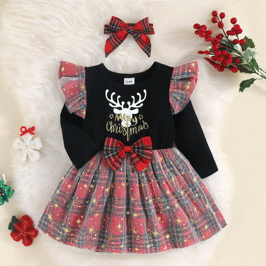 Vestido con estampado de reno de FELIZ NAVIDAD y manga larga con cuello redondo