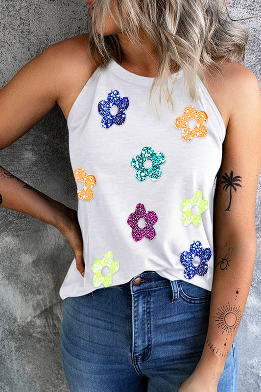 Camiseta sin mangas con cuello griego y flores de lentejuelas